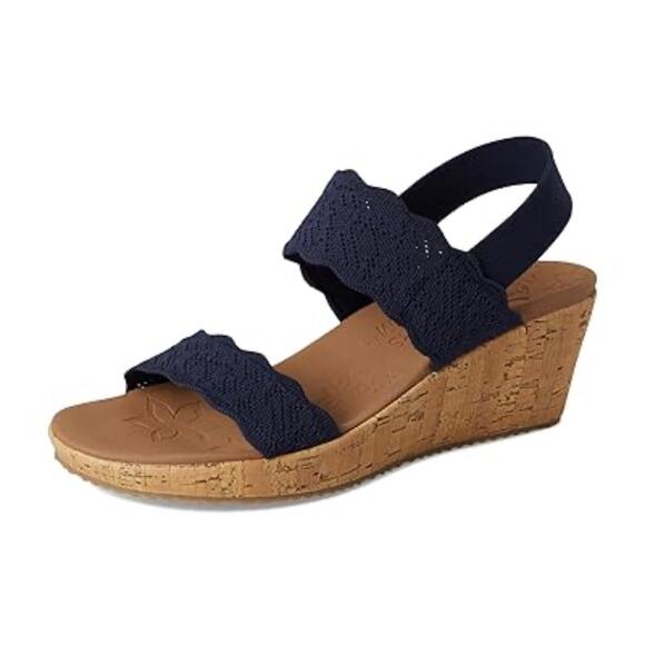 Skechers 'Beverlee' Women's 9 Wedge Comfort Sandal Navy Blue Crochet Strap - Picture 1 of 9